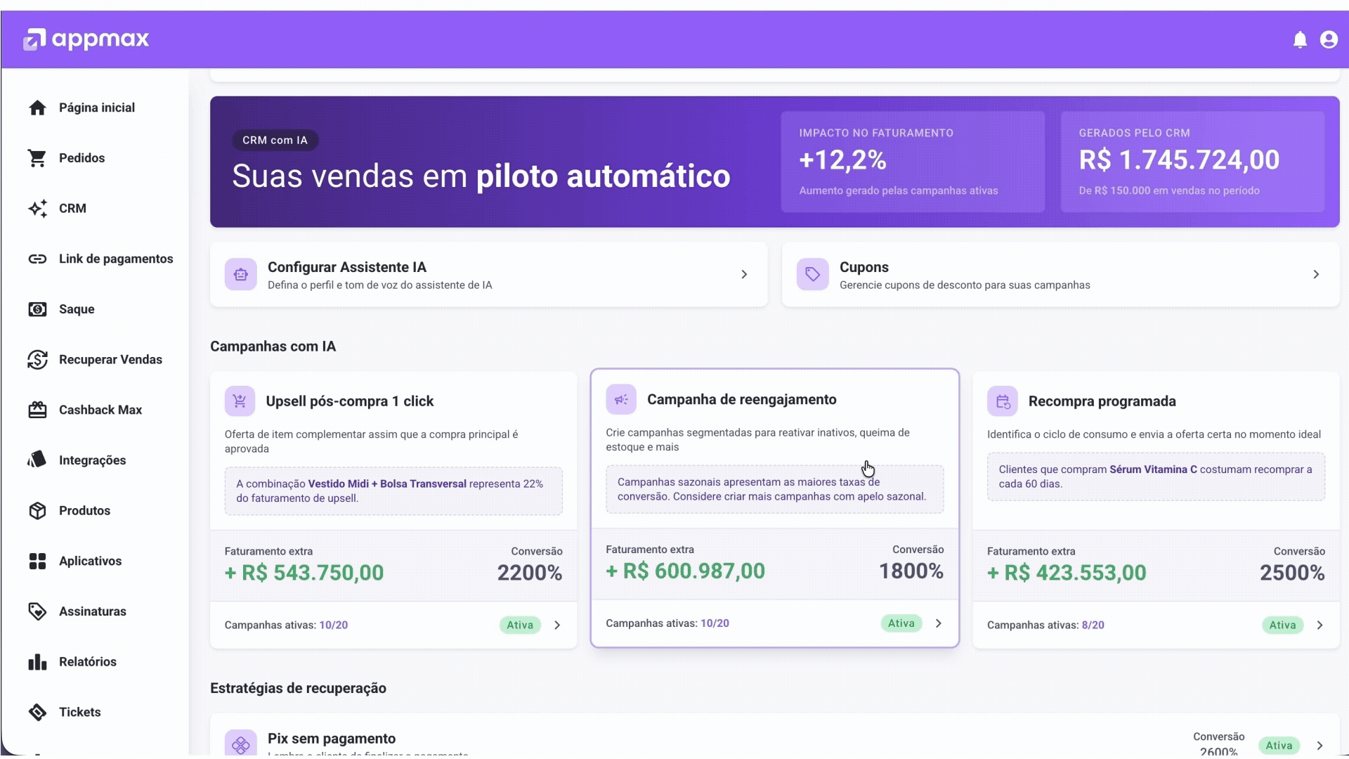 Visão do funcionamento da funcionalidade de campanhas do CRM da Appmax